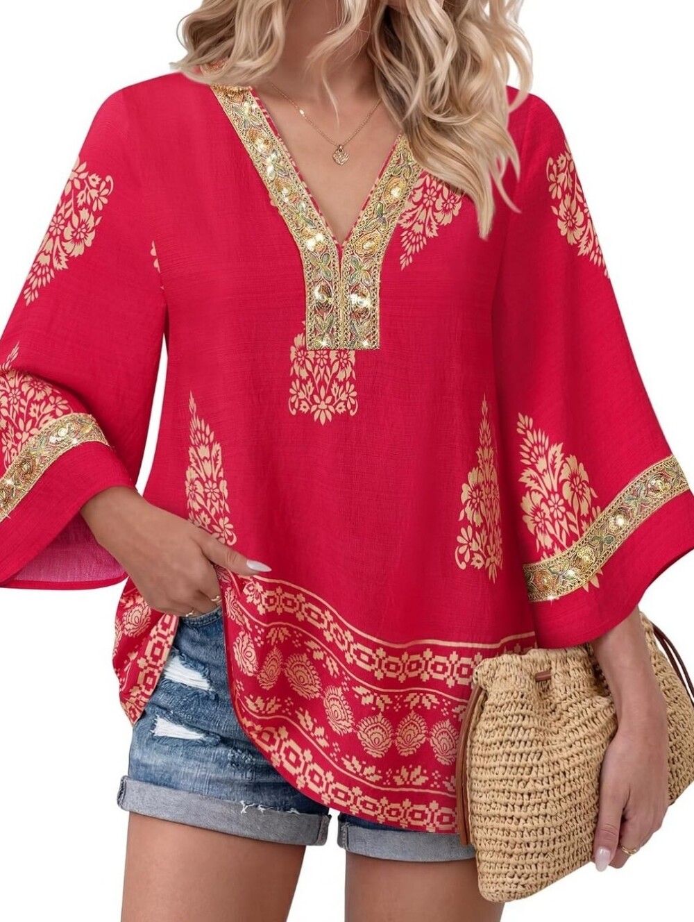 Pinkish Red Floral V-Neck Shimmery Embroidered Boho Resortwear Tunic Top